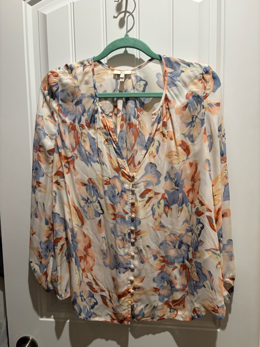 Joie Floral V-Neck Button Blouse in Cream, Blue, and Peach